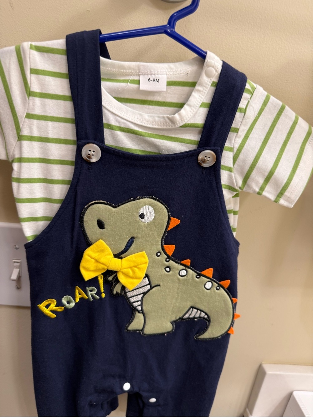 Baby Dino Overalls with Green Stripe Tee - Navy & Green